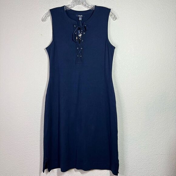 Chaps Womens‎ Navy Midi Knit Sheath Dress Lace Up Sleeveless Casual Medium - Picture 1 of 7